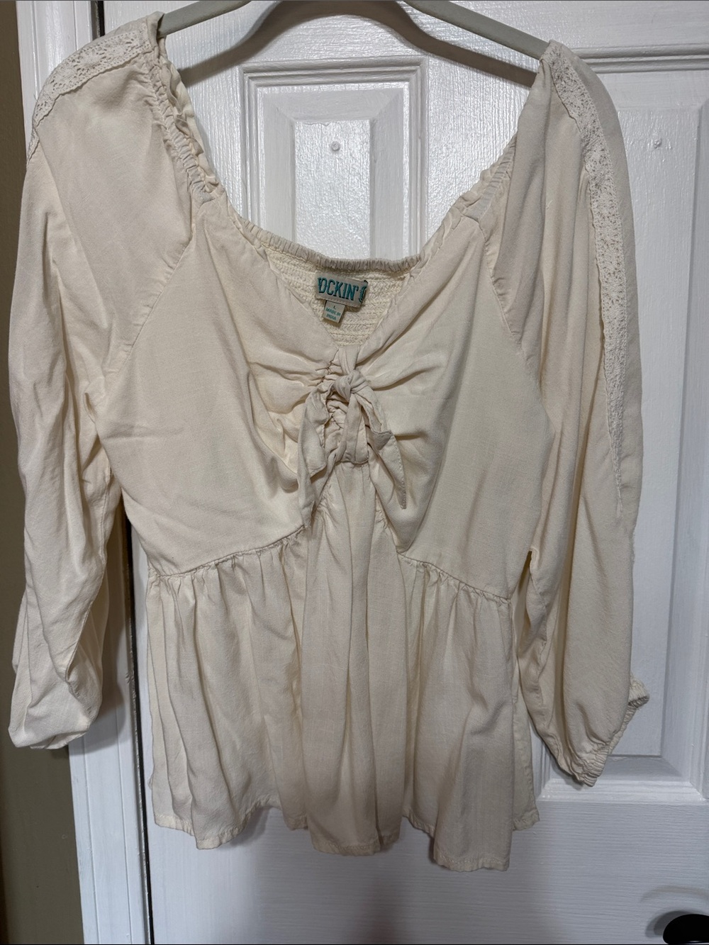 Rockin C Cream Tie-Front Peasant Tunic Top